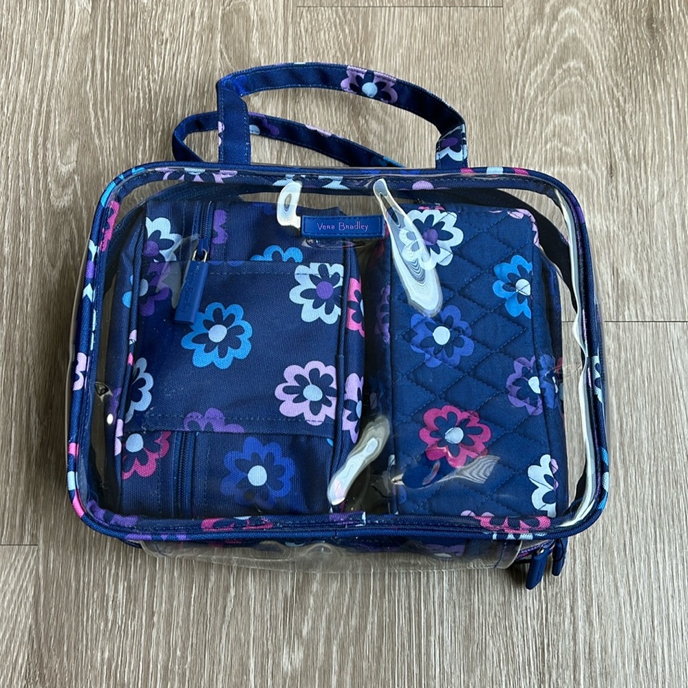 Vera Bradley travel set — navy, royal blue and pink/purple floral pattern